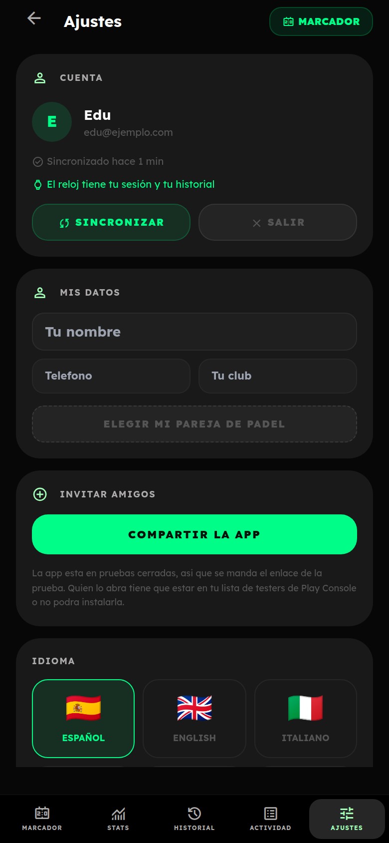 Ajustes y cuenta de PadelPulse Live