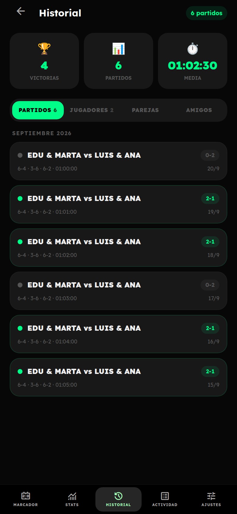 Historial de partidos de PadelPulse Live